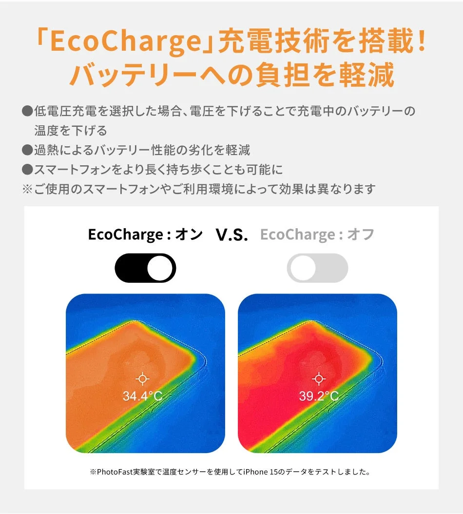 「EcoCharge」充電技術を搭載！バッテリーへの負担を軽減低電圧充電を選択した場合、電圧を下げることで充電中のバッテリーの温度を下げる過熱によるバッテリー性能の劣化を軽減スマートフォンをより長く持ち歩くことも可能に