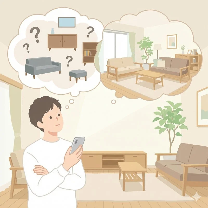 部屋のインテリアについて悩む人のイラスト