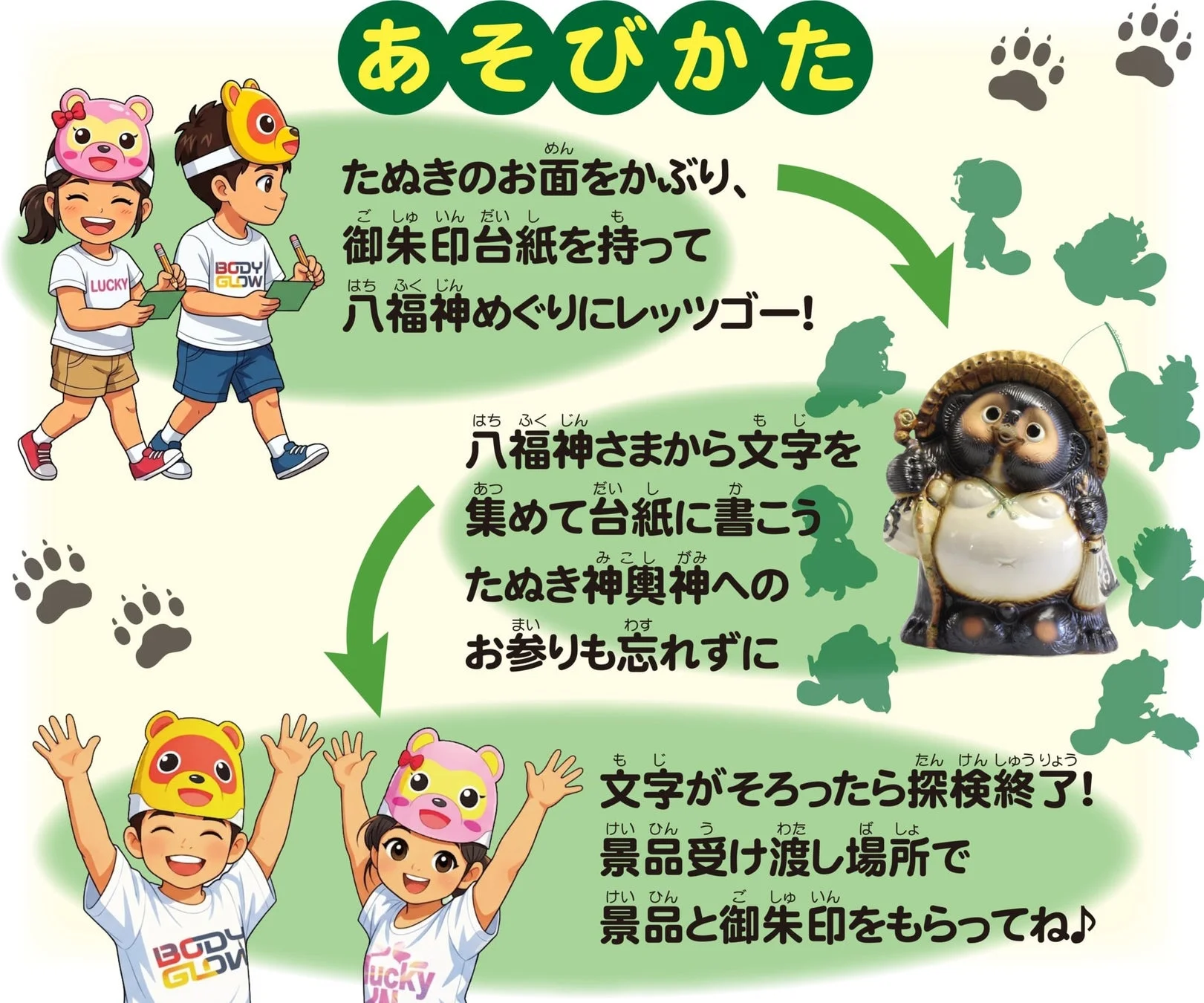 たぬきのお面をかぶった子供の遊び方説明