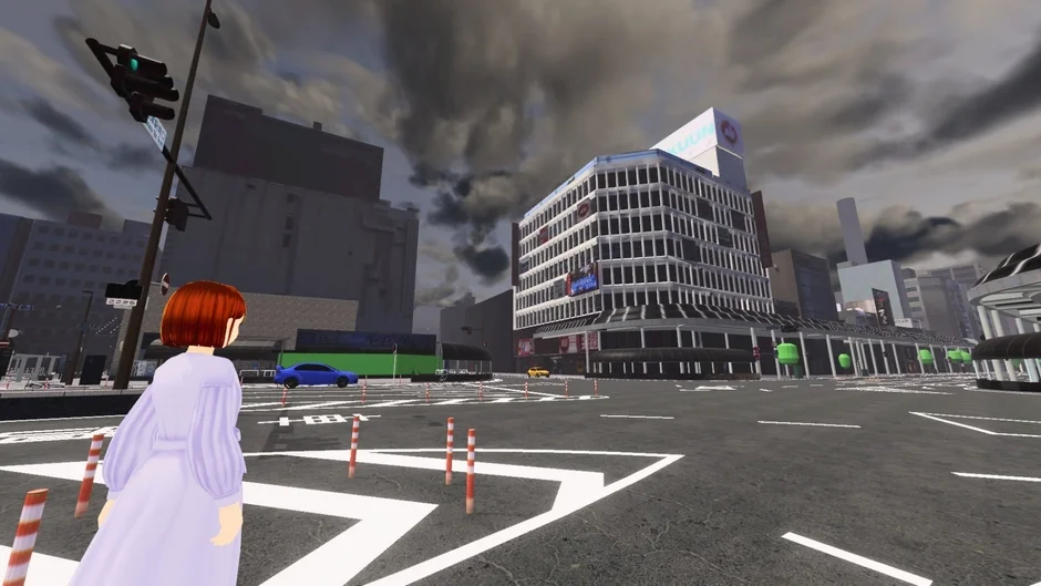 都市の交差点でアニメ風の少女が横断歩道に立っている様子