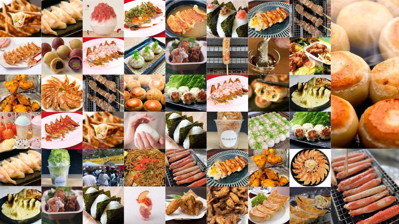 様々な屋台料理や軽食がコラージュされた画像