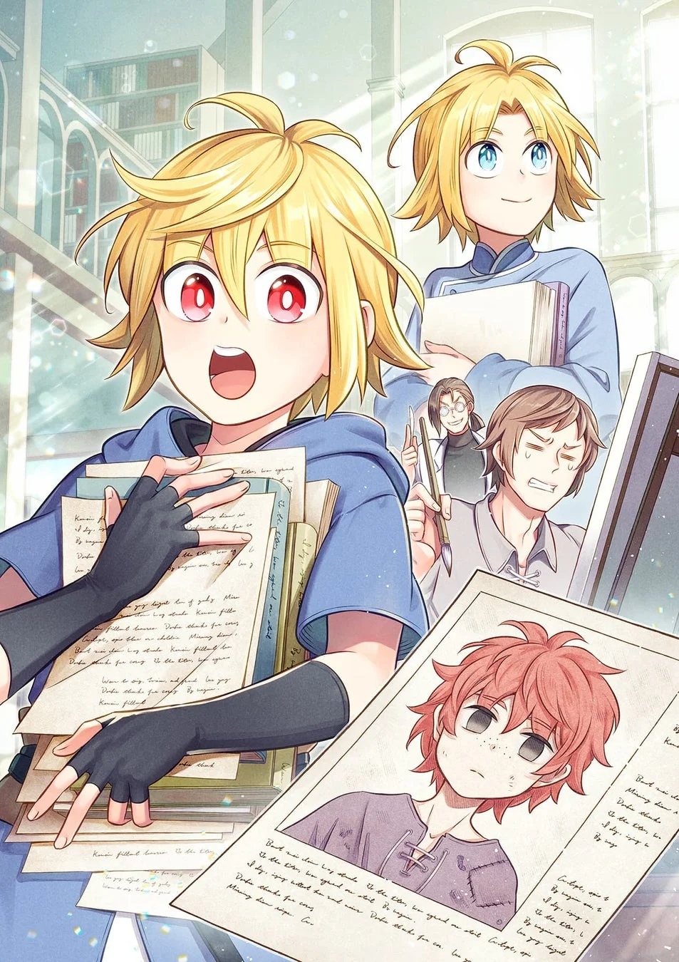 魔法の図書館のような場所で、金髪の少年たちが研究や執筆に励む様子が描かれたイラストです。一人の少年は大量の書類を抱え興奮した表情で、別の少年は微笑んでいます。背景には作業に集中する大人たちもおり、活気ある学園生活の一場面を思わせます。