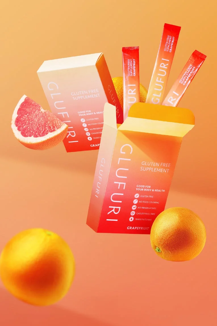 GLUFURI GLUTEN FREE SUPPLEMENT GOOD FOR YOUR BODY & HEALTH GLUTEN FREE NO FOOD COLORING NO PRESERVATIVES CHOLESTEROL FREE TRANS FATS FREE GRAPEFRUIT