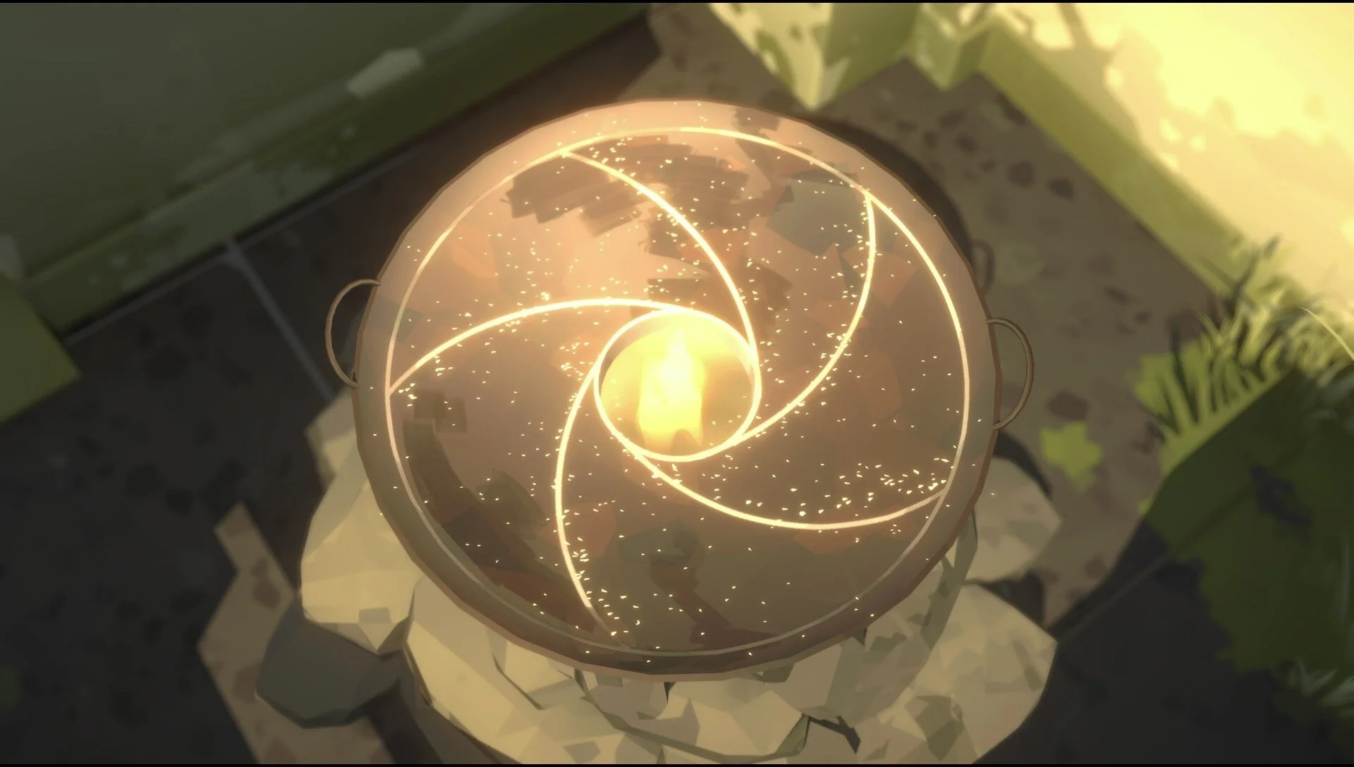 輝く金属製の壺を上から捉えた画像。中央から炎のような光が放たれ、周囲にはきらめく粒子が舞っている。