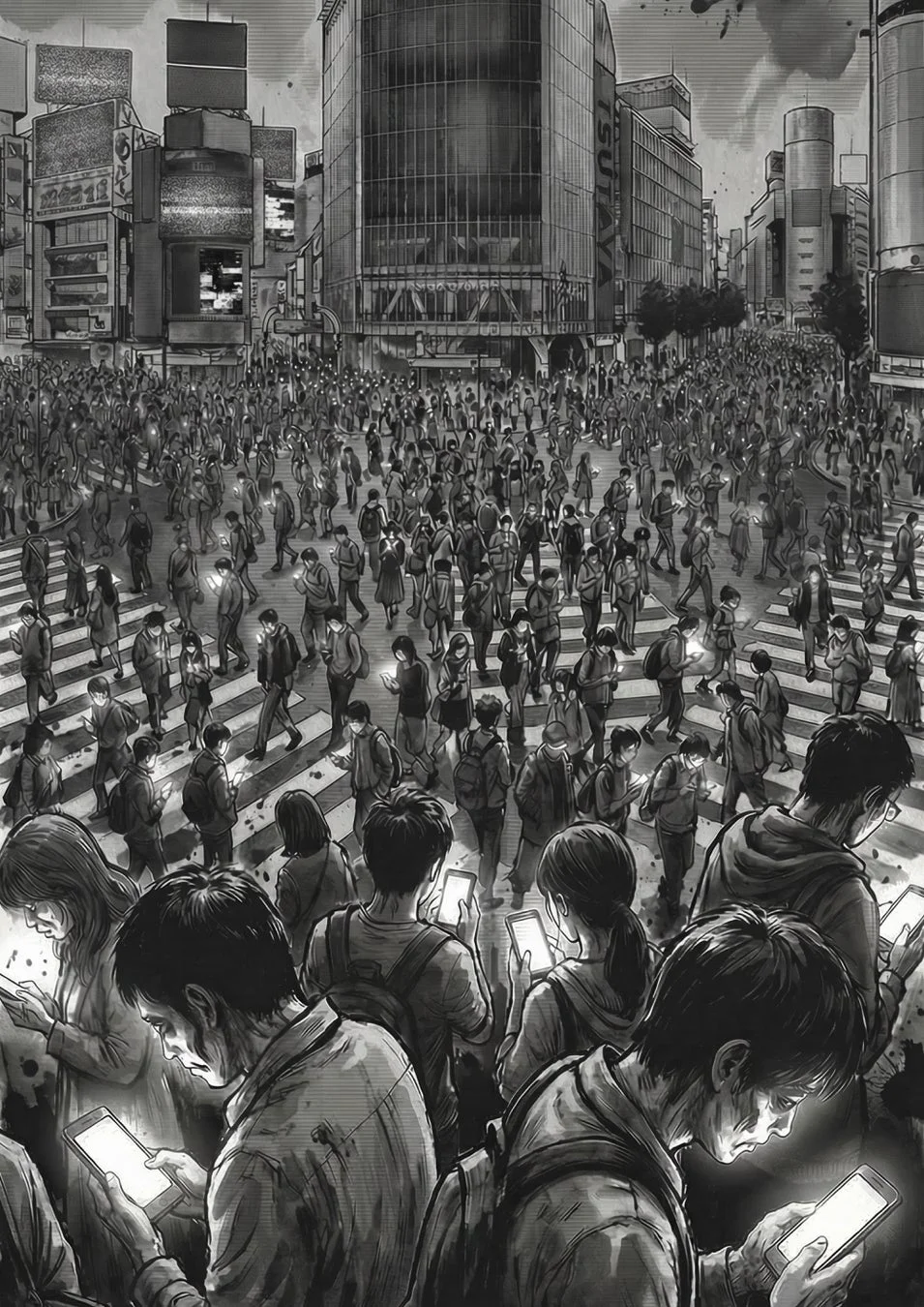 多くの人々がスマートフォンを見ている都市の交差点