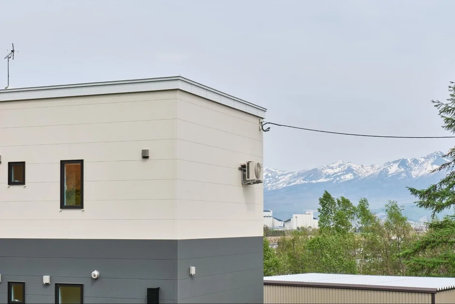 現代的な建物と雪山