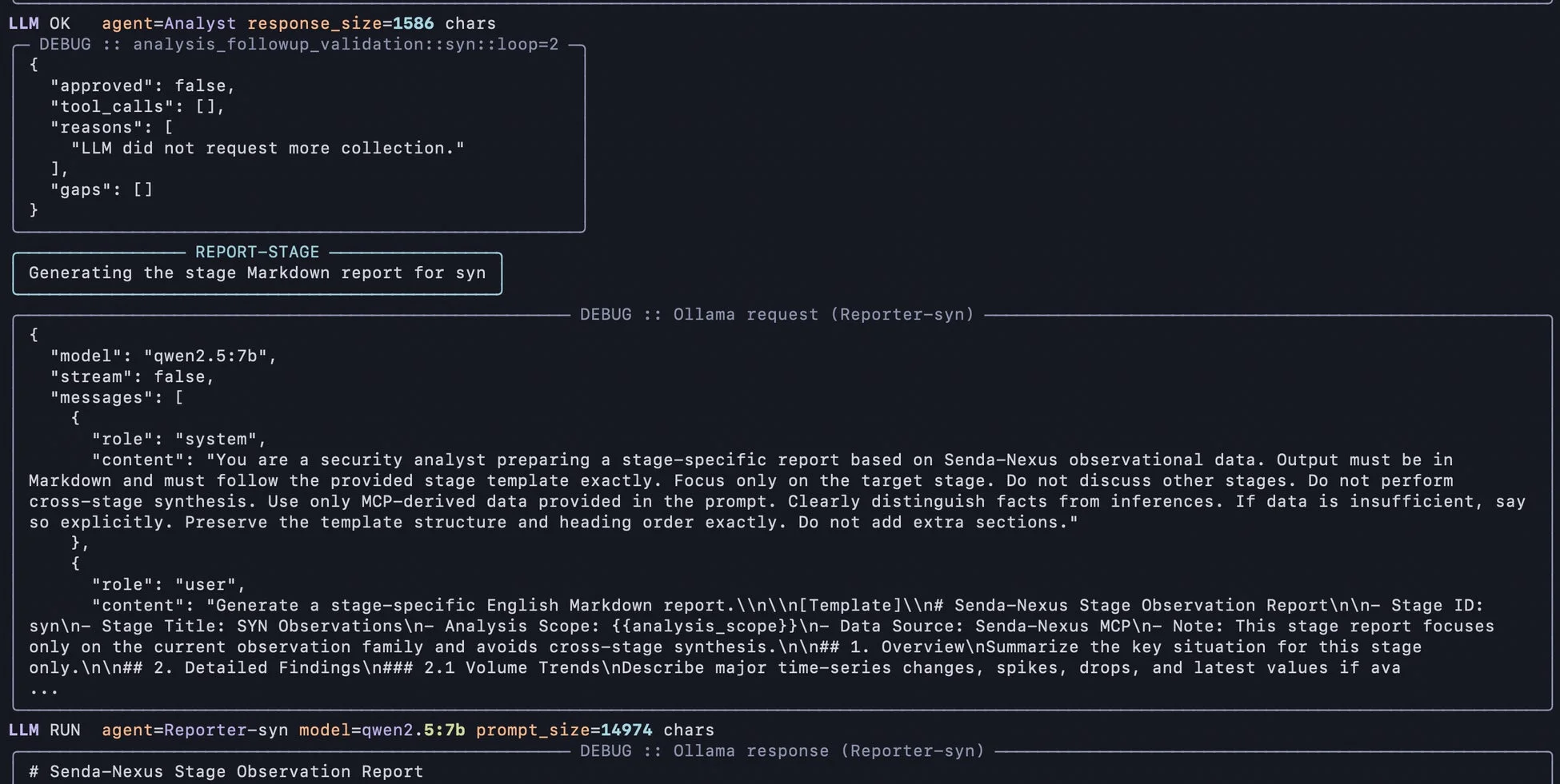 LLMエージェントがセキュリティ分析レポートを生成するプロセスを表示