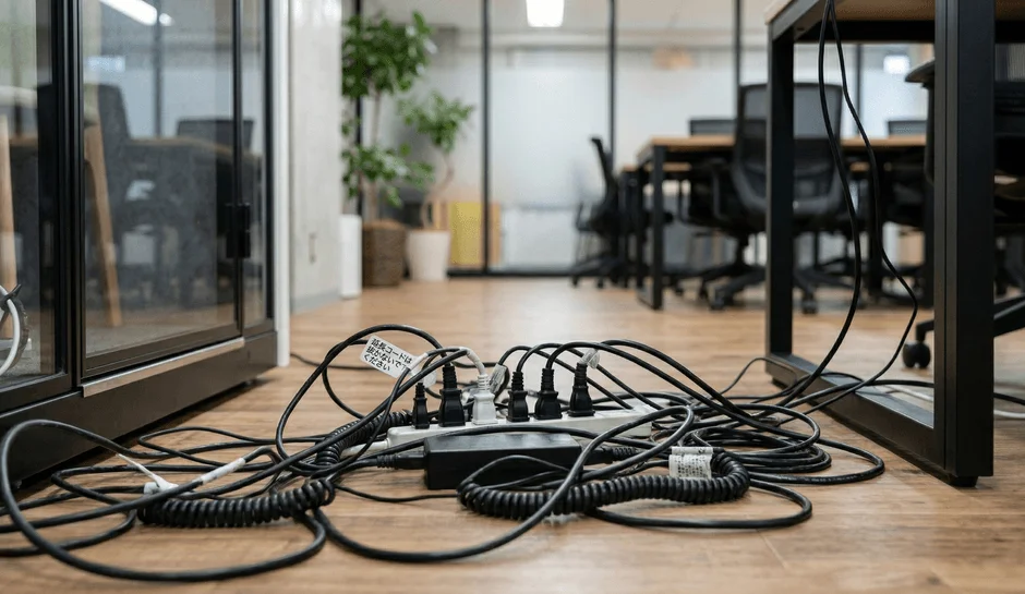 オフィスの床に乱雑に散乱する延長コードと電源タップ