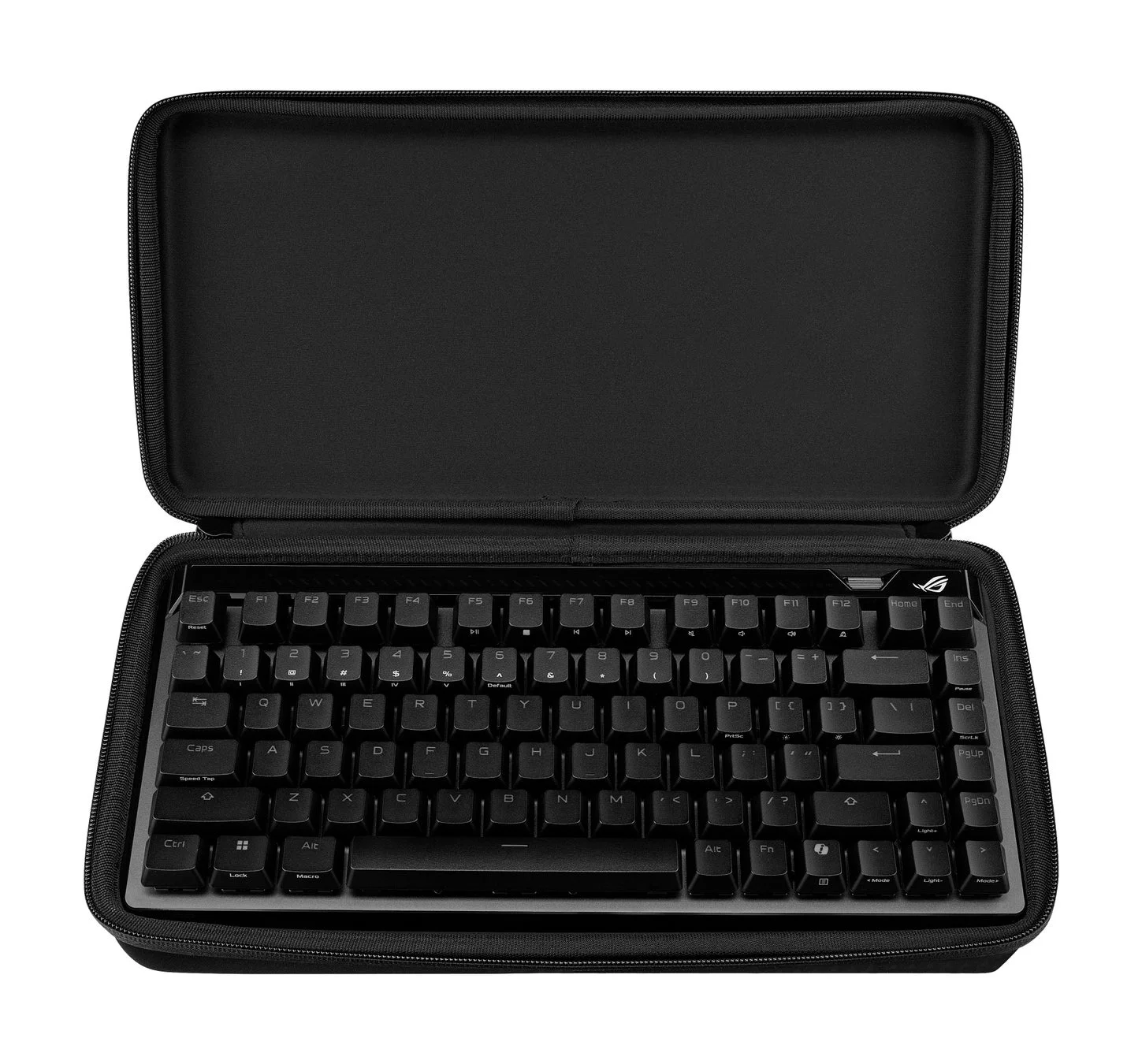 黒い専用ケースに収納された、コンパクトなメカニカルキーボードの画像です。