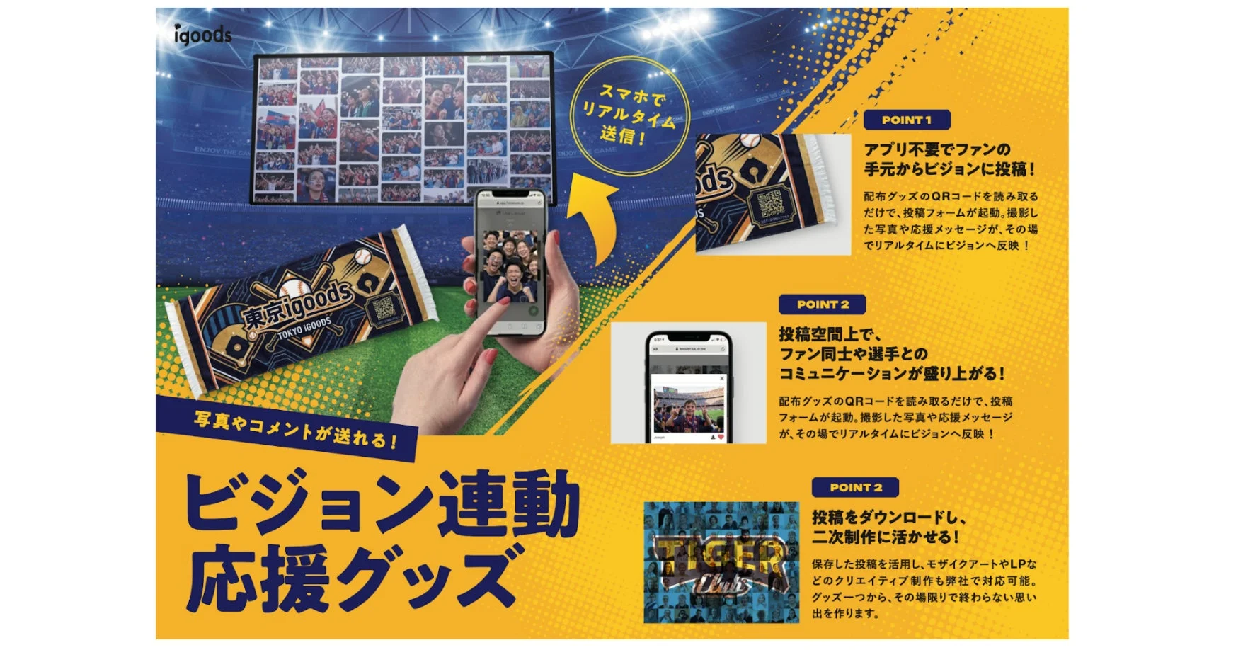 野球,応援グッズ,ビジョン連動,ファン参加型,リアルタイム投稿,スマートフォン,QRコード,イベント,スポーツ,コミュニケーション,二次利用,記念品