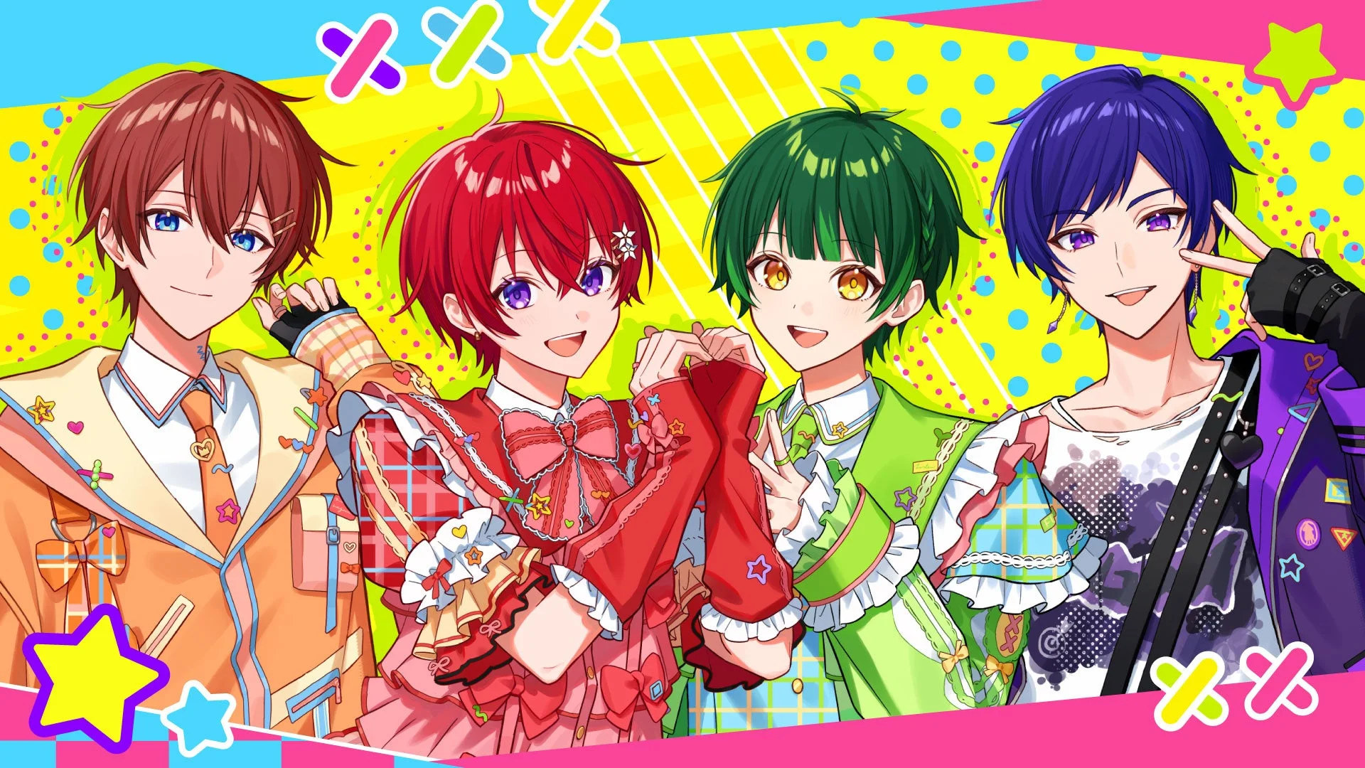 鮮やかな色彩とポップな背景の中に、個性豊かな衣装をまとったアニメ風の男性キャラクター4人が笑顔でポーズをとっている。アイドルグループのような雰囲気