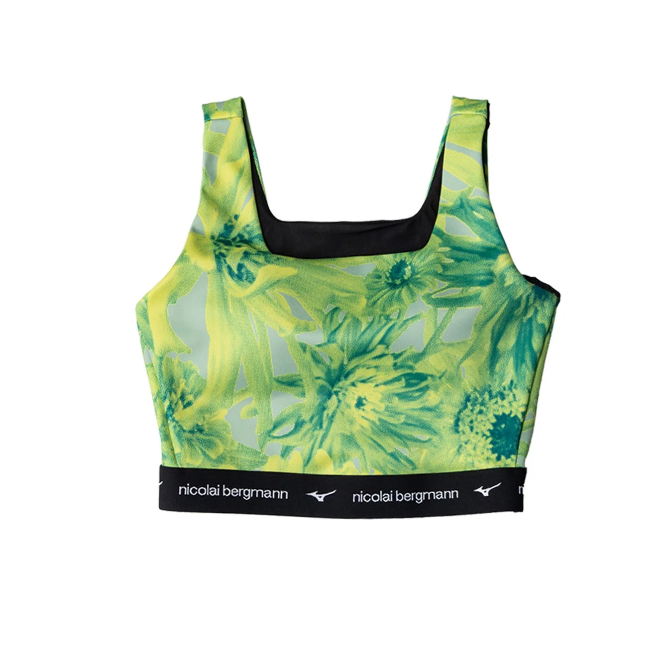 緑と黄色を基調とした花柄が特徴のスポーツブラです。裾の黒いバンドには「nicolai bergmann」とミズノのロゴがデザインされており、フィットネスやアクティブウェアとして着用できます。