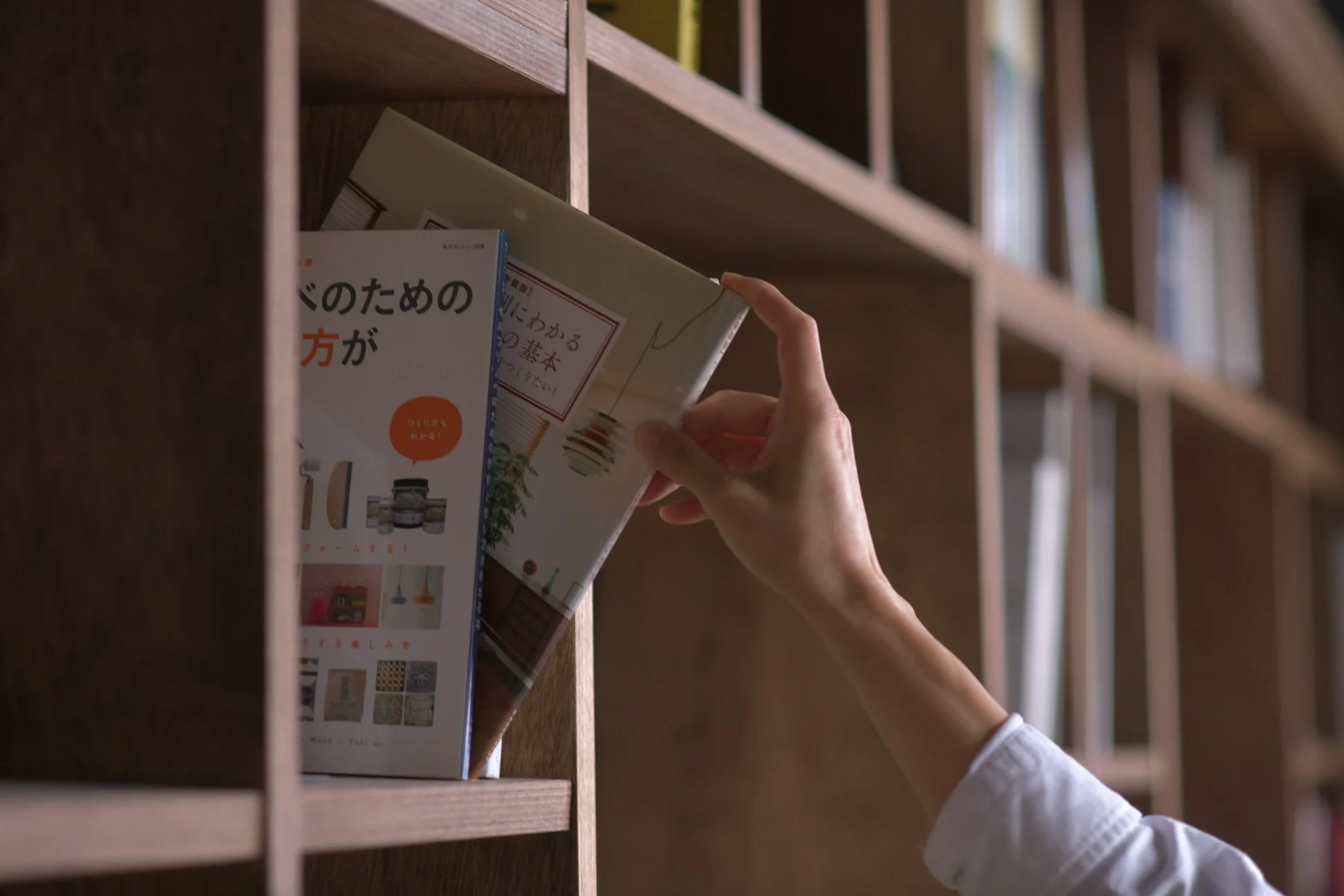 本棚から資料を手に取る様子