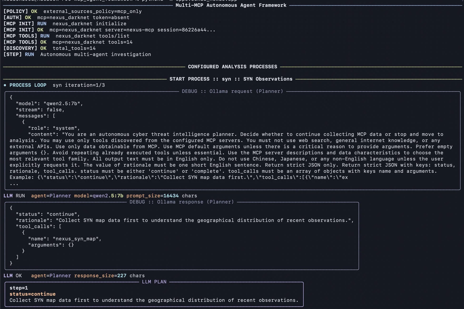 Multi-MCP自律エージェントフレームワークがLLMを用いてサイバー脅威インテリジェンスの計画を実行している様子