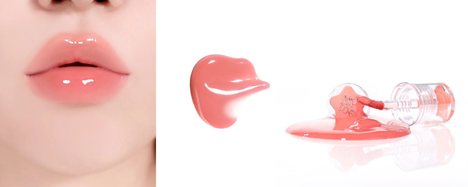 ツヤのあるピンク色の唇と、こぼれたリップグロス製品が写っています。