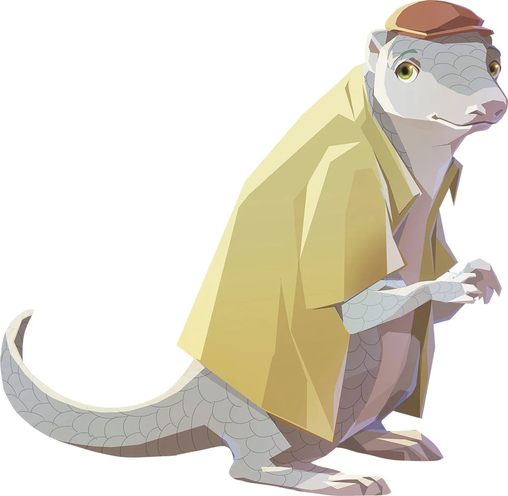 茶色の帽子と黄色のコートを着用したセンザンコウのイラスト。