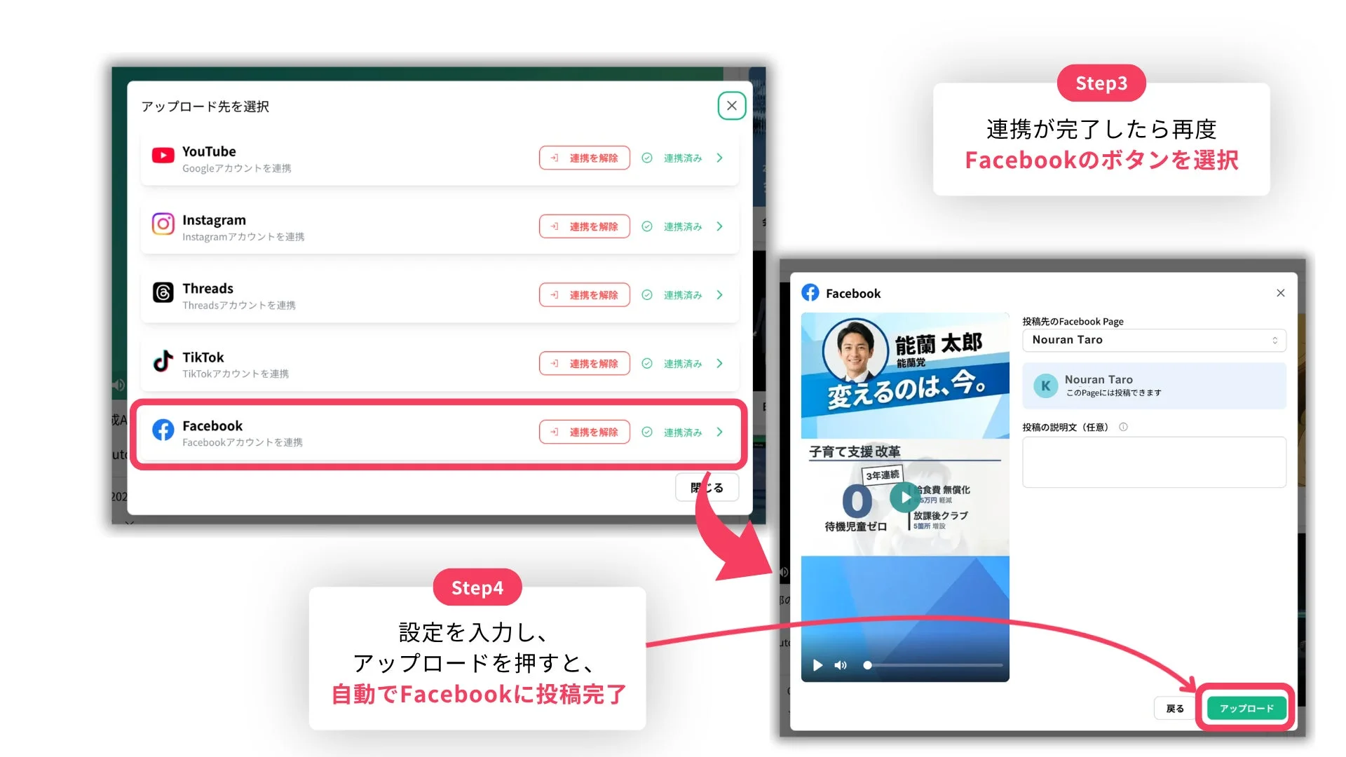 投稿先のFacebook Pageを選択し、アップロード