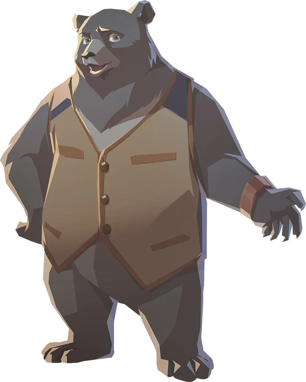 茶色のベストを着て直立している、擬人化された黒いクマのキャラクターイラスト。