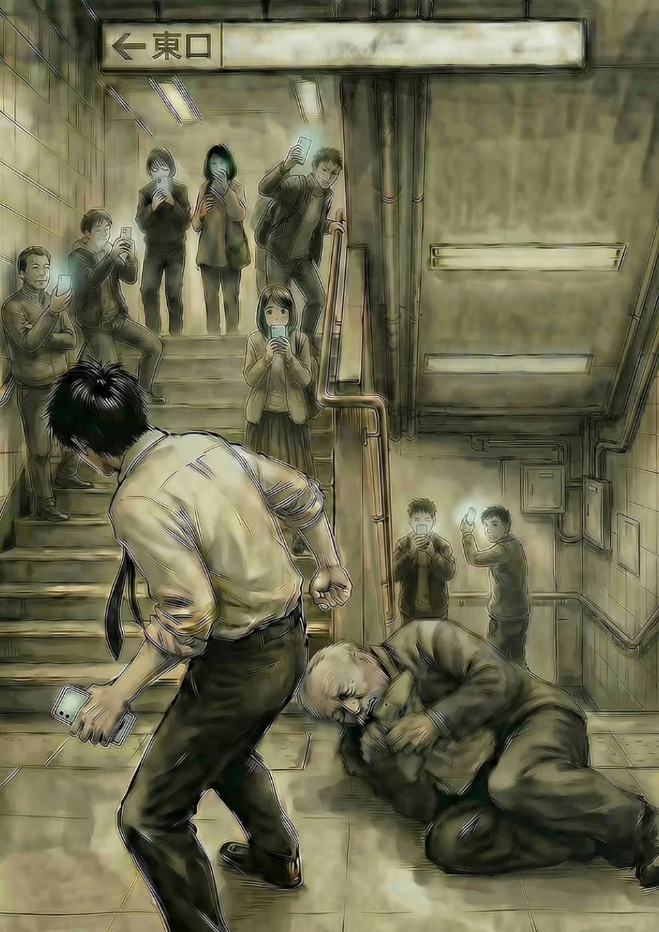 駅の階段で倒れた男性を無視してスマートフォンを見つめる人々