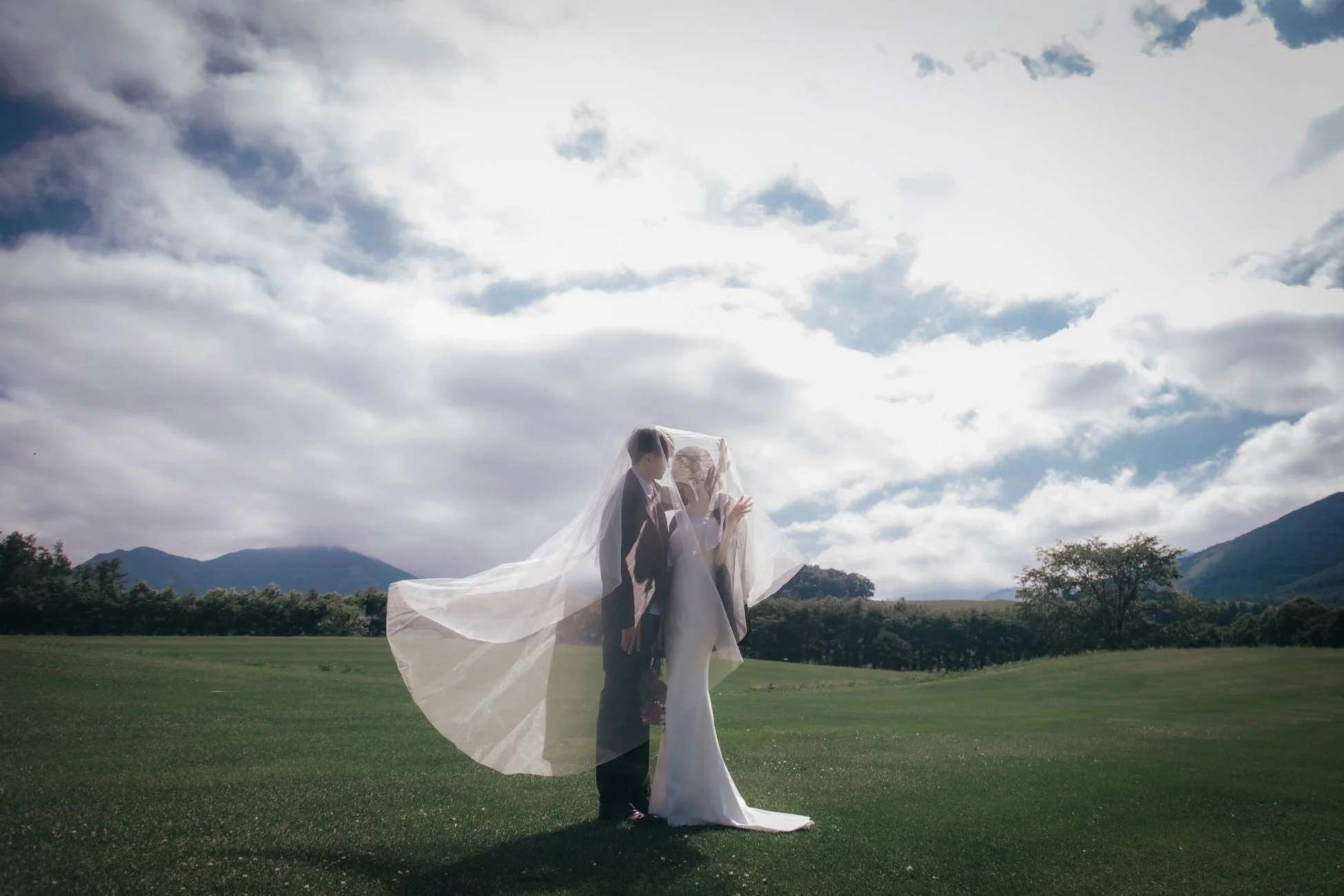 ウェディングカップル、草原