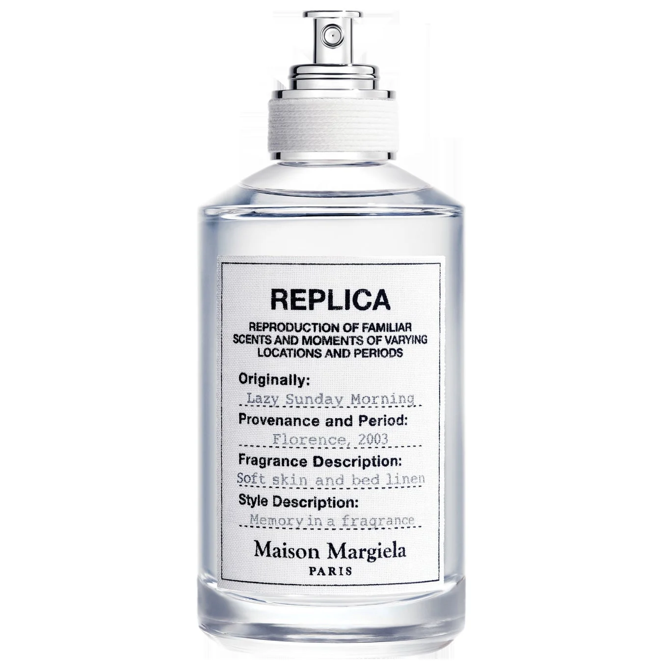 「Maison Margiela」の香水「REPLICA Lazy Sunday Morning」のボトルが写っています。