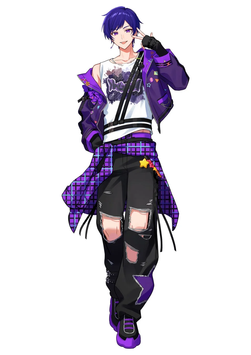 紫色の髪と瞳を持つ男性アニメキャラクターの全身イラスト。紫色のジャケット、ダメージジーンズを着用し、ピースサイン