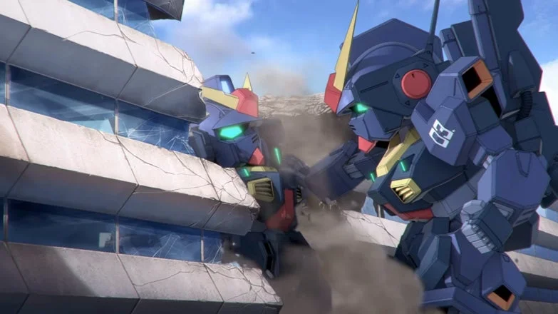 破壊されたビルを背景に激しい戦闘を繰り広げるロボット