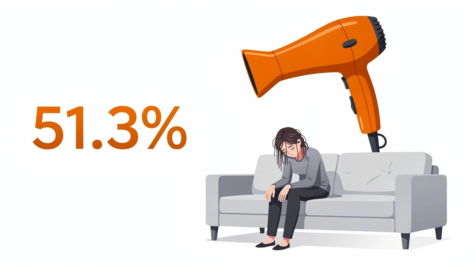 疲れた様子の女性がソファに座っており、その上には大きなドライヤーが置かれ、左には「51.3%」という数字が表示されています。家事の負担や時間に関するイメージです。