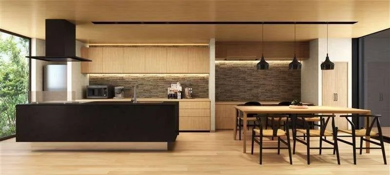 広々としたモダンなキッチンとダイニングルームのインテリア