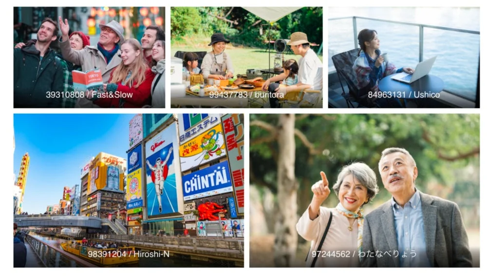 東京観光を楽しむ人々、家族でのキャンプ、バルコニーでのリラックスタイム、大阪道頓堀の街並み、そして自然の中で散策するシニアカップルという、多様な日本のライフスタイルや旅行シーンを捉えた5枚の写真