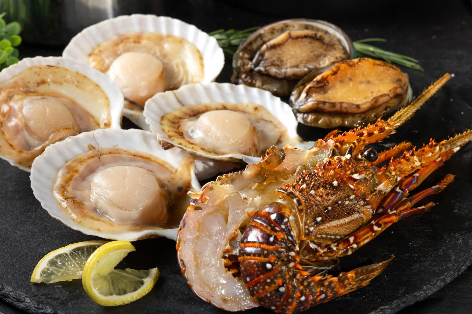 新鮮なホタテの貝柱、アワビ、そして大きな伊勢海老が黒い石皿に美しく盛り付けられている