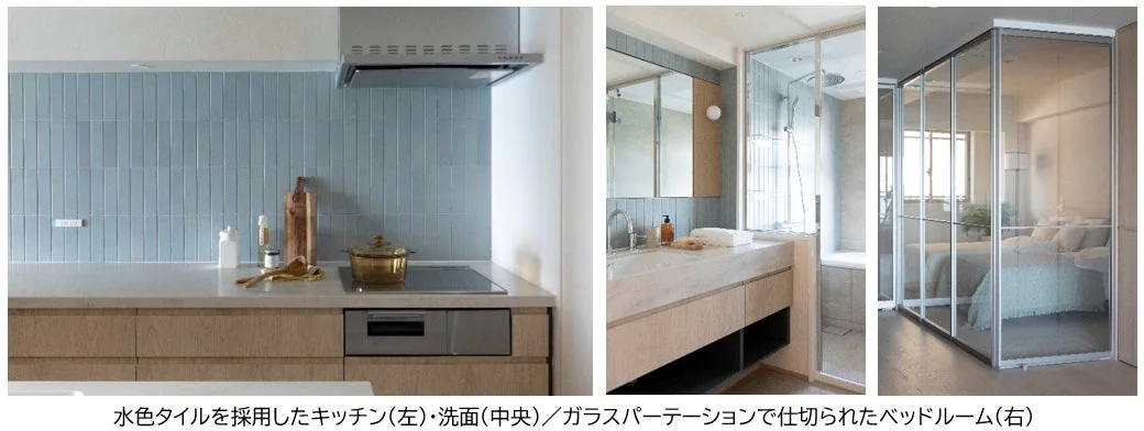 水色のタイルが特徴的なキッチン、洗面台、ガラスパーテーションで区切られたベッドルーム