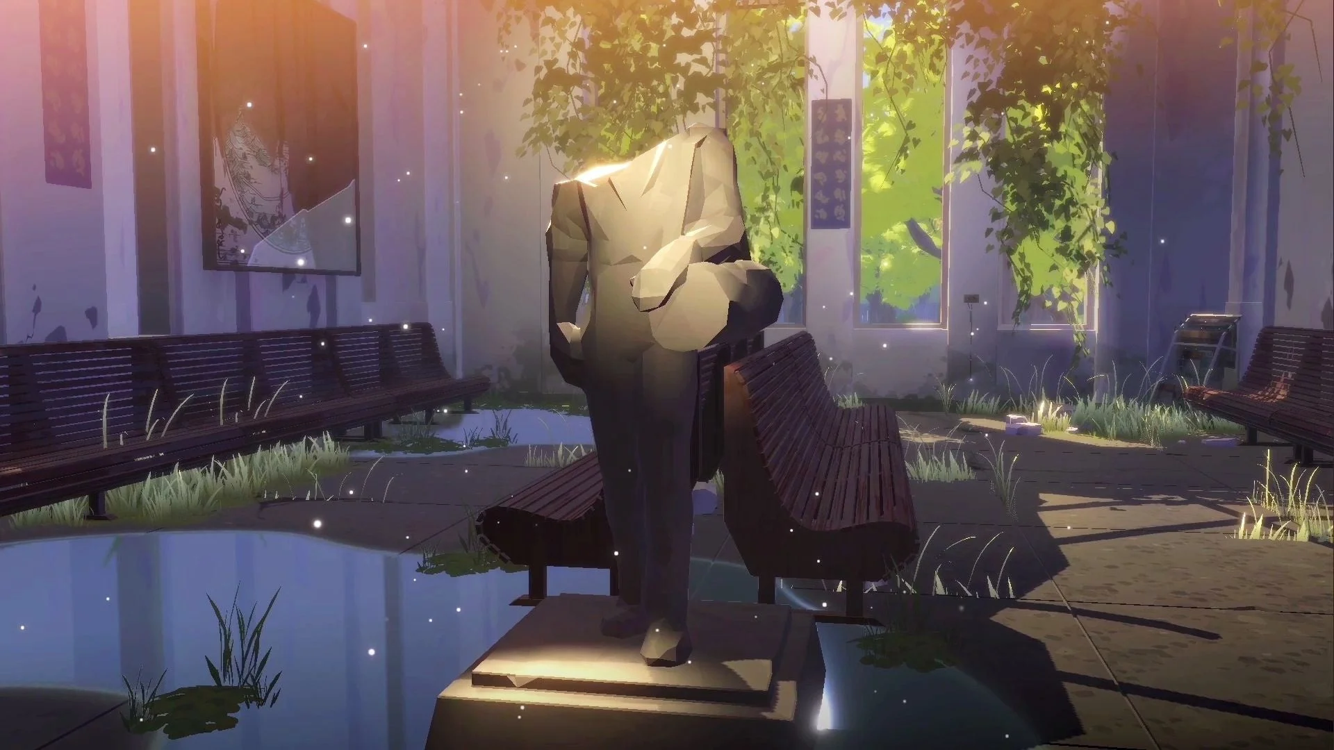 頭部のないスーツ姿の彫像が中央に立つ、荒廃した建物内部の情景。