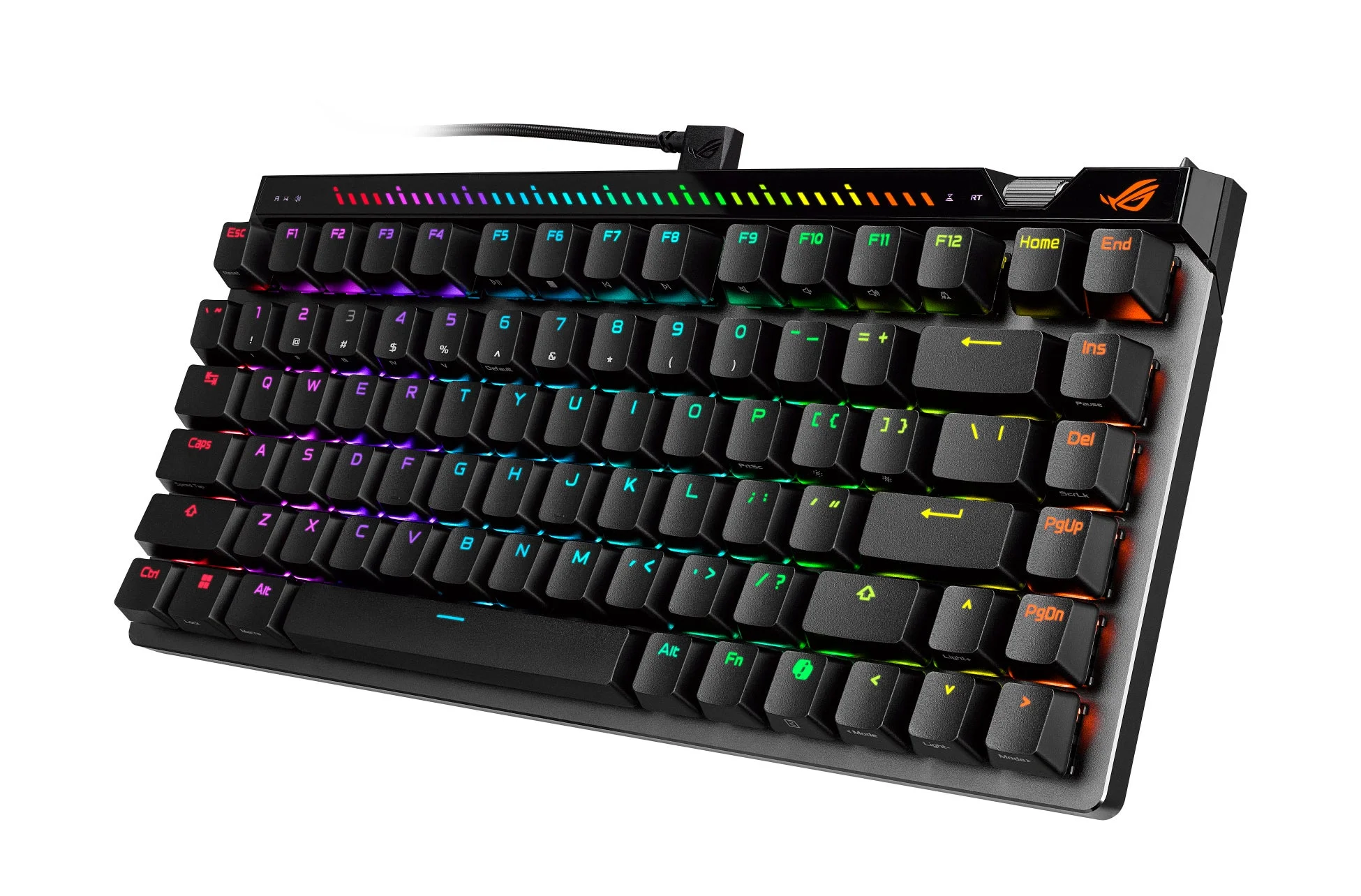 鮮やかなRGBバックライトを搭載した黒色のゲーミングメカニカルキーボードです。