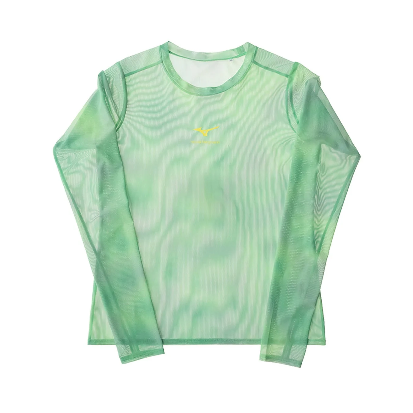 緑色のタイダイ柄メッシュ長袖トップス。胸元には黄色のミズノロゴが施されており、透け感のある素材が特徴的なファッションアイテムです。