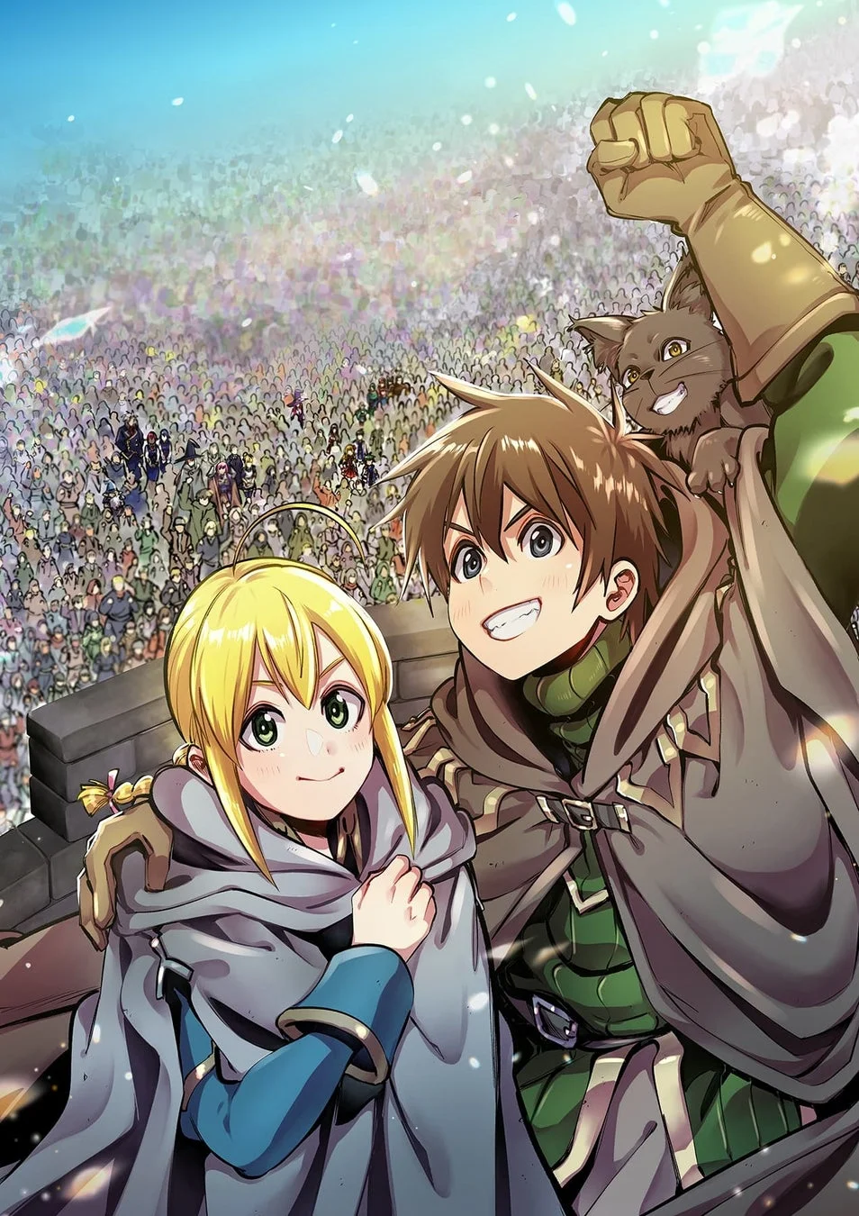 大勢の観衆を背景に、笑顔の少年と少女、そして肩に乗った猫が描かれた明るいファンタジーイラスト。二人はマントを羽織り、晴れやかな表情でこちらを見ている。