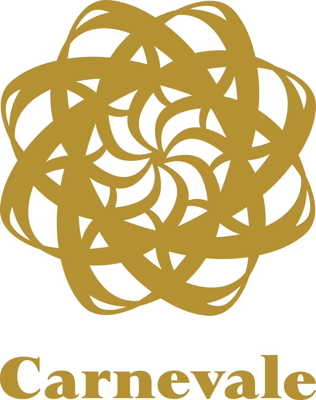 「Carnevale」というテキストと金色の複雑な抽象的な模様が組み合わされたロゴデザイン