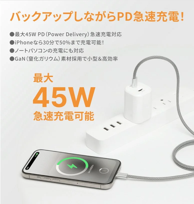 バックアップしながらPD急速充電！●最大45W PD (Power Delivery) 急速充電対応●iPhoneなら30分で50%まで充電可能！●ノートパソコンの充電にも対応●GaN (窒化ガリウム) 素材採用で小型&高効率最大45W急速充電可能54%充電済み