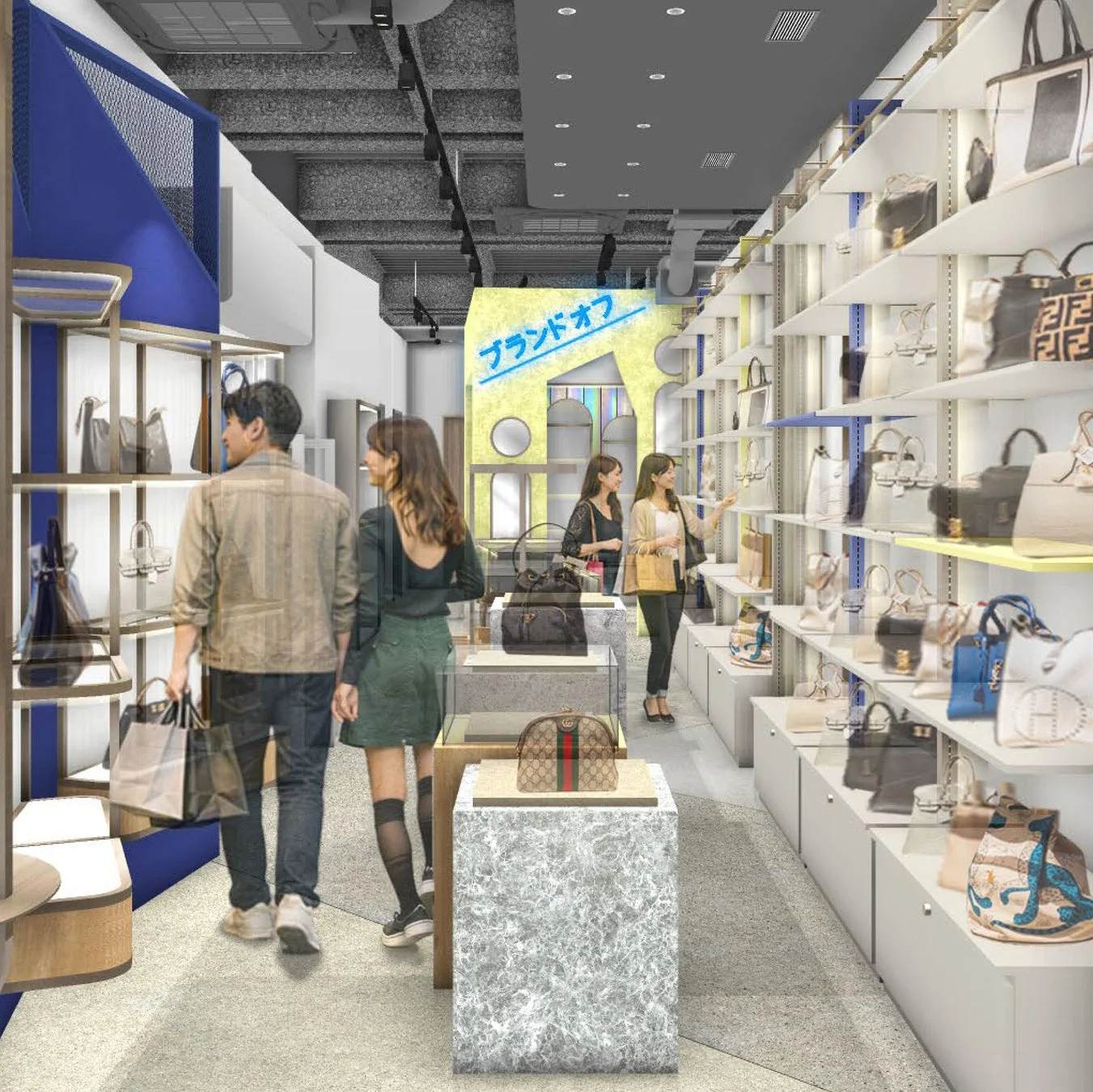 多くのブランドバッグが並ぶ店内