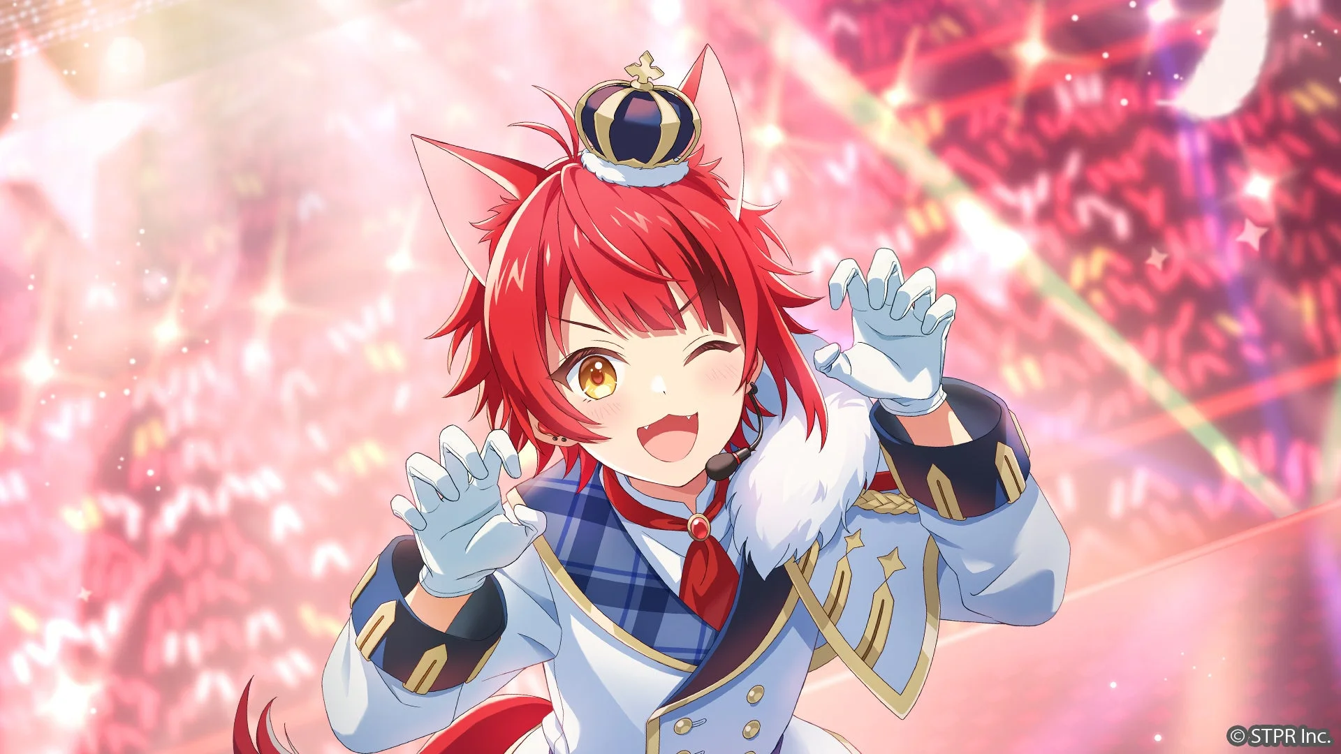赤い髪とケモミミが特徴の少年アイドルが、王冠をかぶり、ステージ上でウィンクしながら可愛らしいポーズをとっている