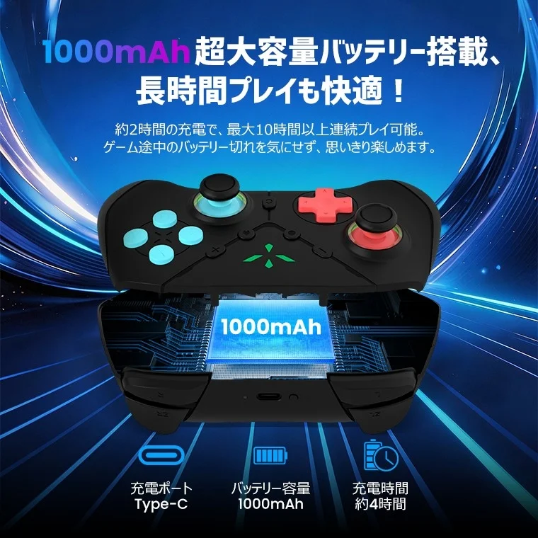 1000mAh 超大容量バッテリー搭載、長時間プレイも快適！約2時間の充電で、最大10時間以上連続プレイ可能。ゲーム途中のバッテリー切れを気にせず、思いきり楽しめます。