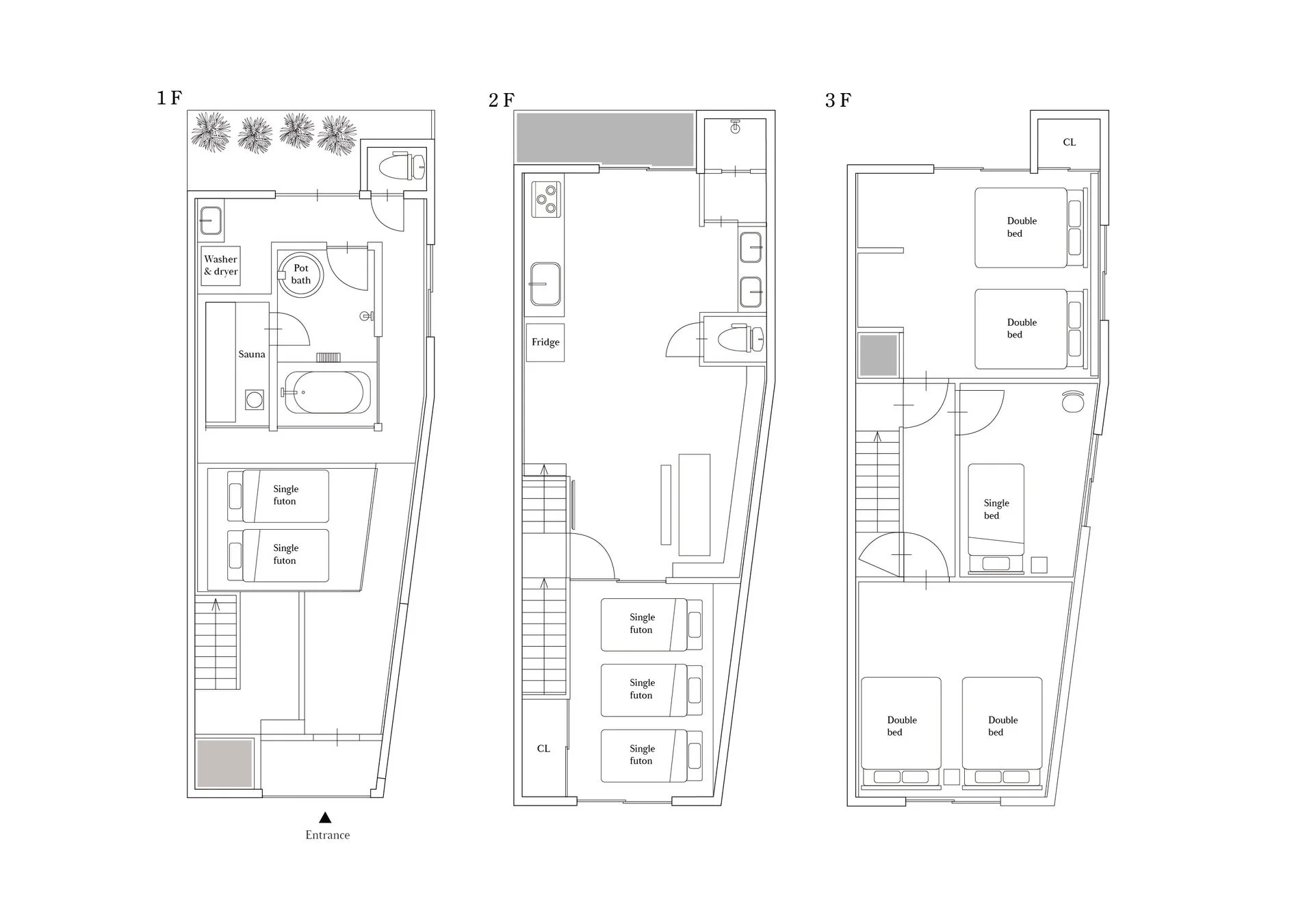 1階から3階までの住宅または宿泊施設の間取り図