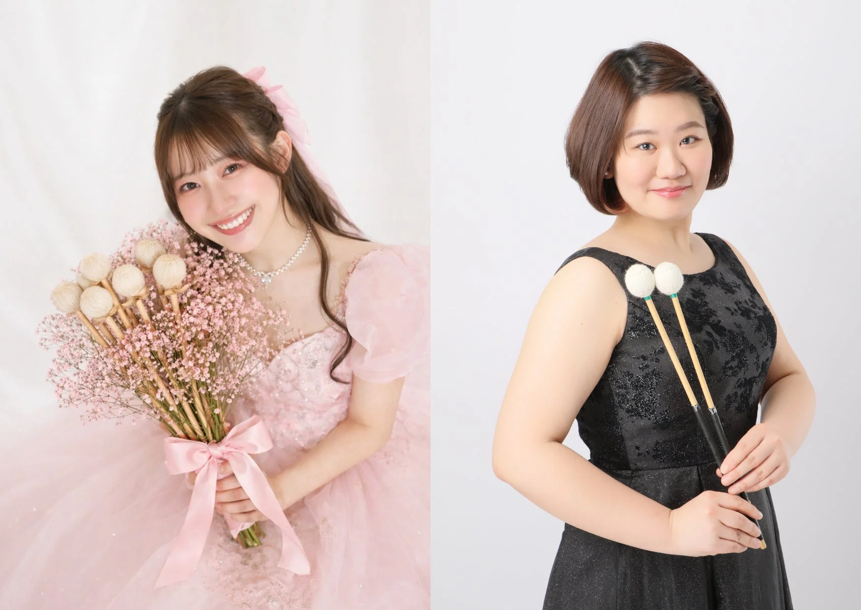 ピンクのドレスを着て花束を持つ女性と、黒いドレスを着てマレットを持つ女性、二人のポートレート写真