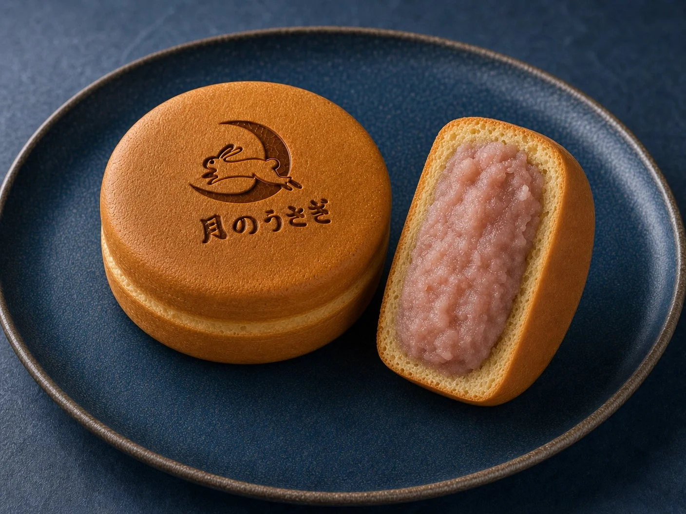 紺色の皿に置かれた和菓子「月のうさぎ」が写っています