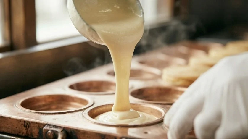 熱された型に、とろりとした生地が丁寧に注ぎ込まれ、和菓子が作られている調理風景