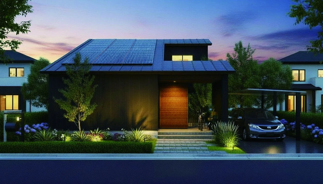 モダン住宅、太陽光発電、カーポート、夕暮れ、庭、エクステリア、一戸建て、照明、植栽、新築
