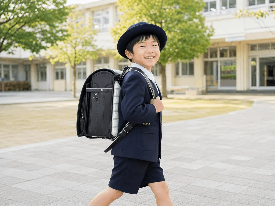 ランドセルを背負い、制服を着た男の子が笑顔で学校の敷地を歩いている様子