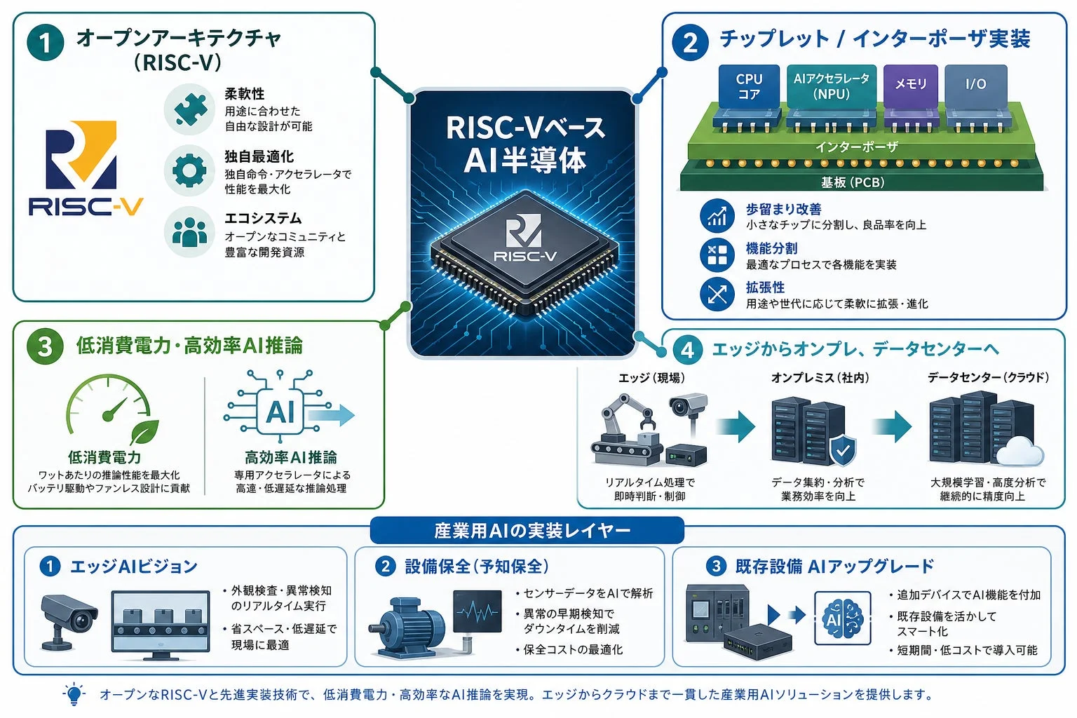 RISC-VベースAI半導体と実装イメージの図解