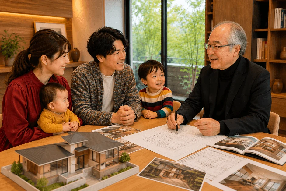 家族が建築家または不動産担当者と、新築住宅の設計図や模型を見ながら打ち合わせをしている様子。笑顔で話を聞く家族と説明する担当者の間で、和やかな雰囲気が漂っています。マイホーム計画の相談風景です。