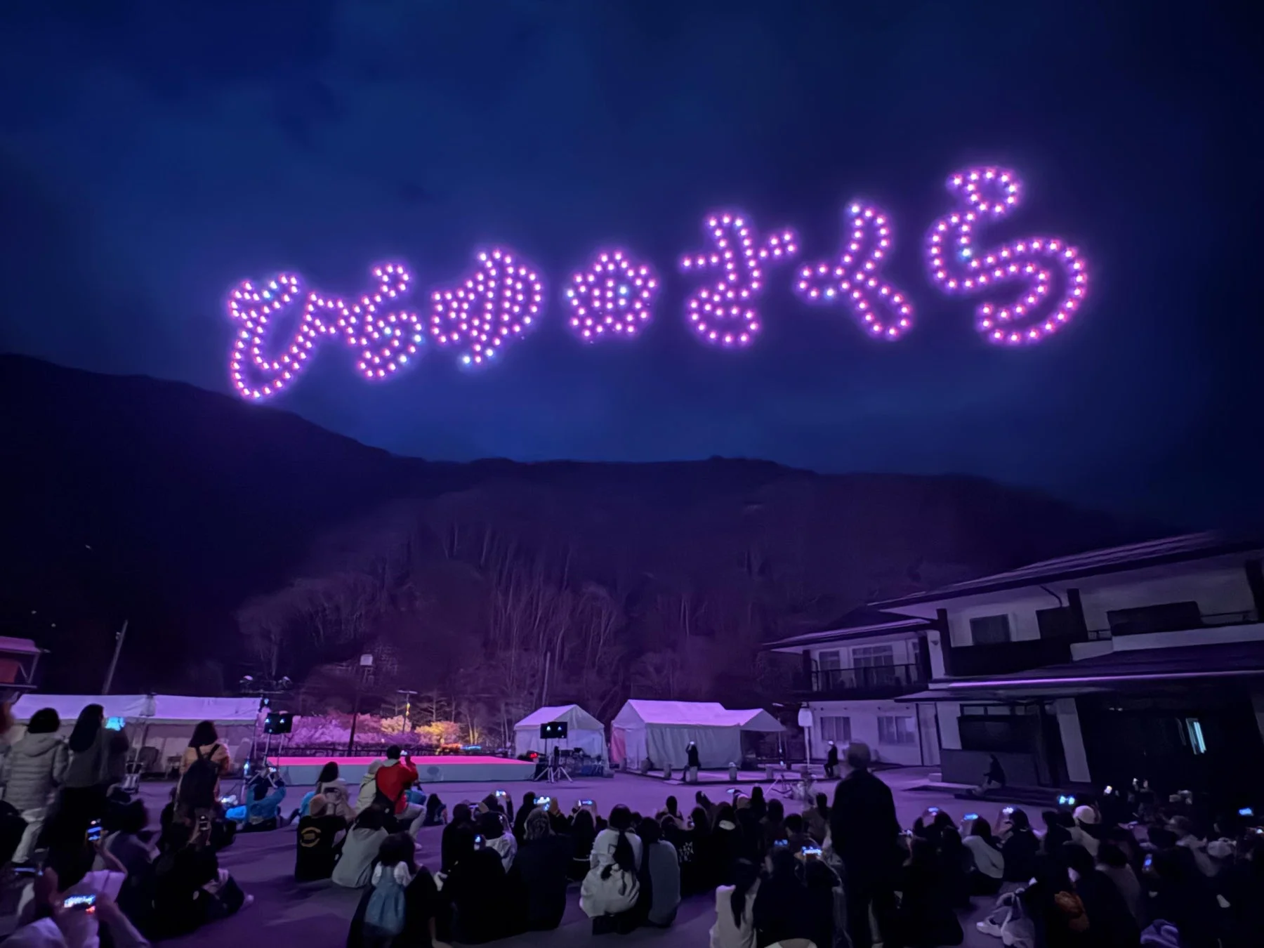 夜空に「ひゅうがさくら」の文字が描かれたドローンショー